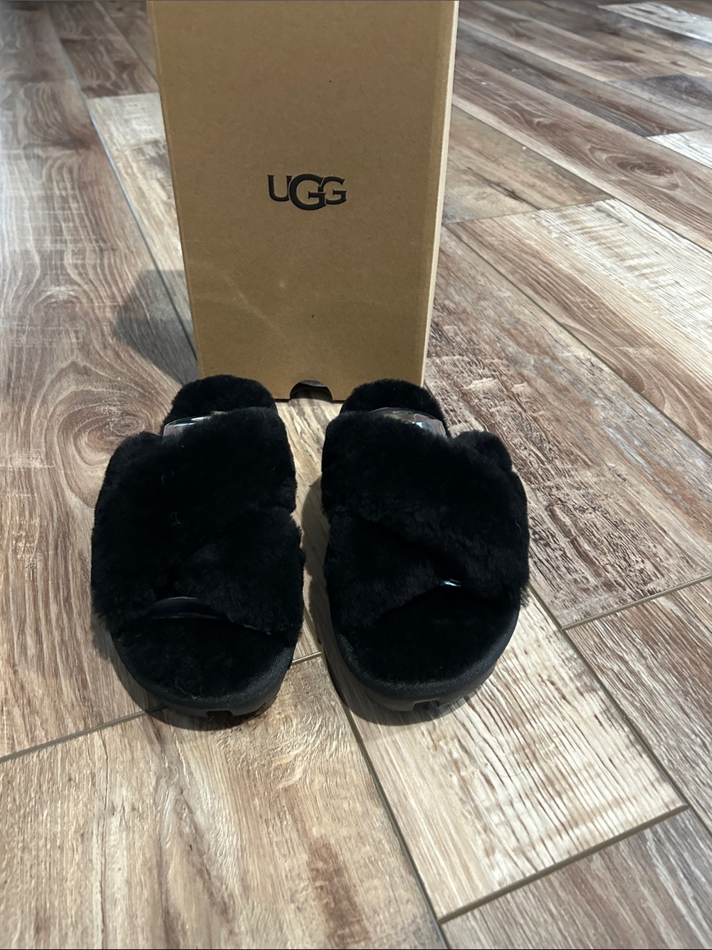UGG Women's Black Plush Cross-Strap Slide Slippers
